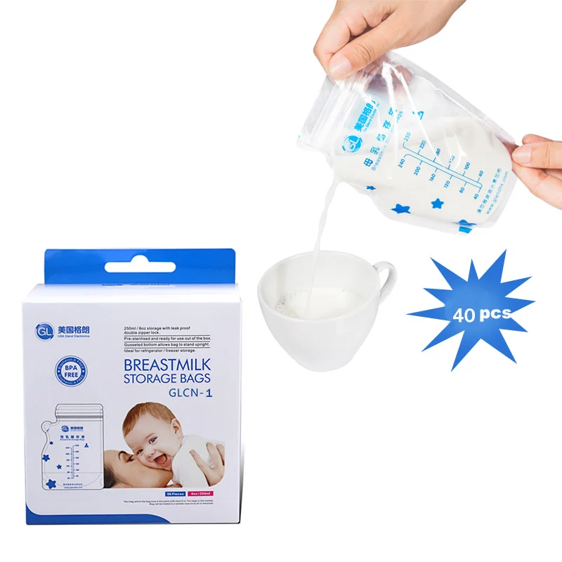 GL 40pcs 250ml Baby Breast Milk Storage Bags Milk Freezer Bags Baby Food Storage Baby Breastmilk Feeding Safe Breast Milk Bags 
