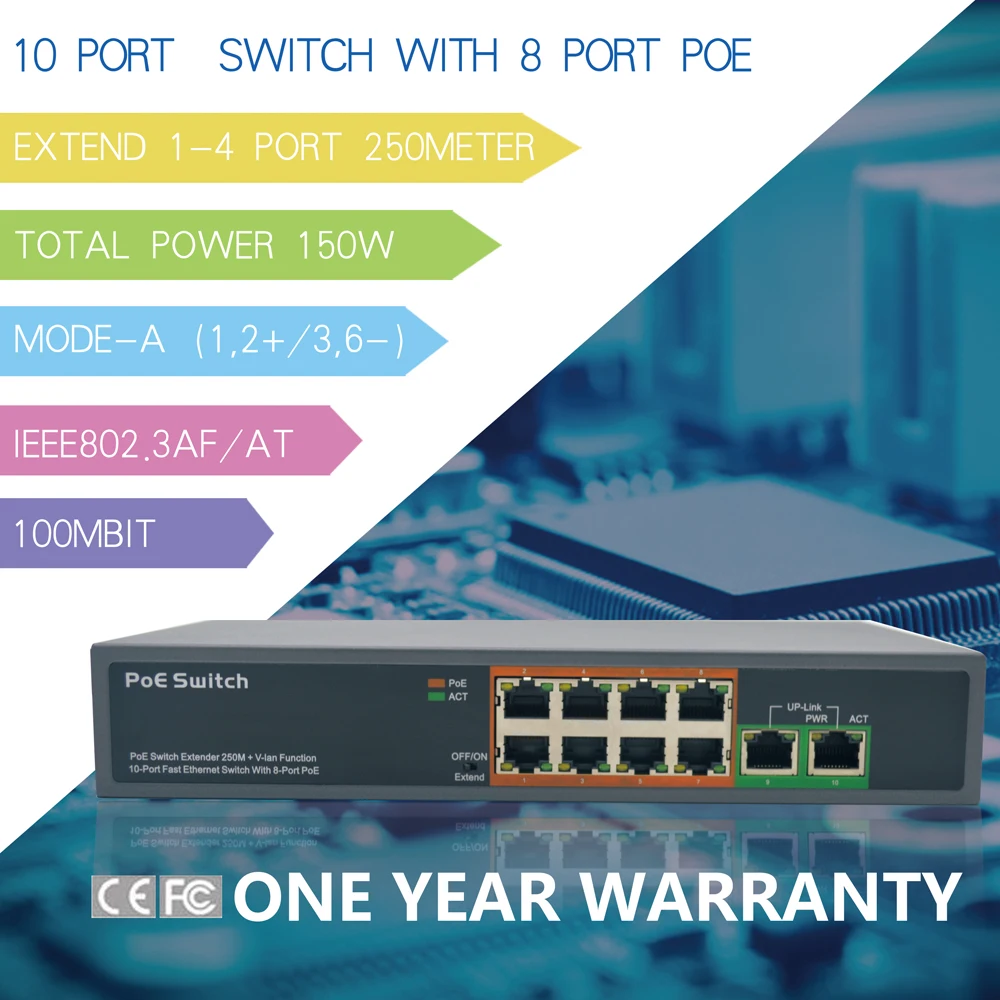 6 порт коммутатора с 4 портами PoE (10 порт коммутатор 8 портов PoE) коммутатор 100 м IEEE802.3at af Стандартный для DH Hikvision IP Камера