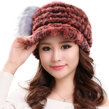 

Real rex rabbit fur hats for women winter fur caps warm knitted design baseball caps H112