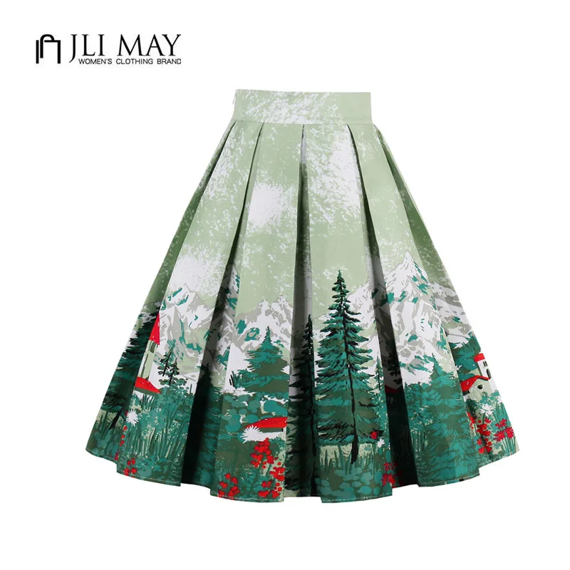 

JLI MAY women vintage Floral swing skirt tutu midi elegant 50s Rockabilly Hepburn Ball Gown Green Autumn Casual skirts womens