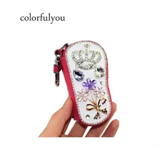 Цветок и Корона кристалл узор автомобильный брелок из натуральной кожаные бумажники, ключи бриллианты органайзер для ключей ключница Чехлы для мангала молния