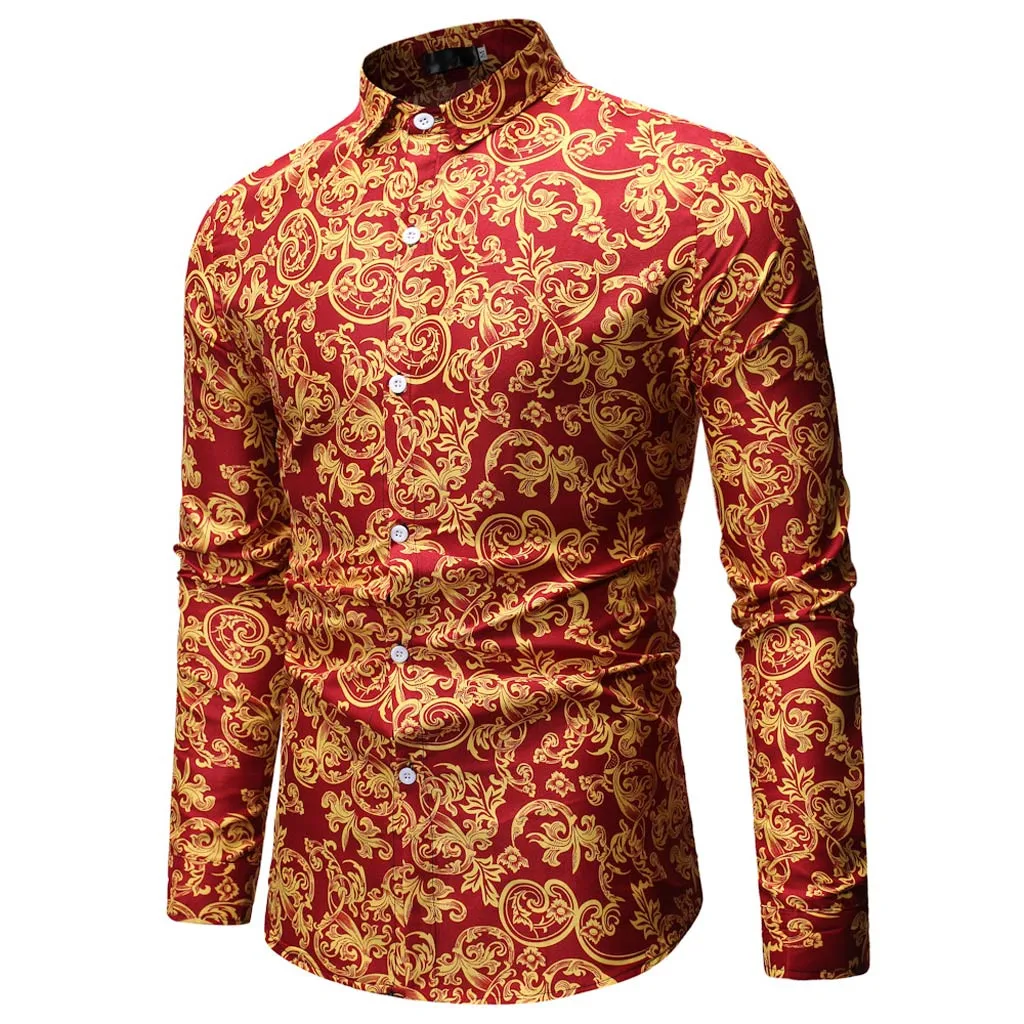 

Loldeal Men's Printed Gold Button Down Casual Long Sleeve Shirt