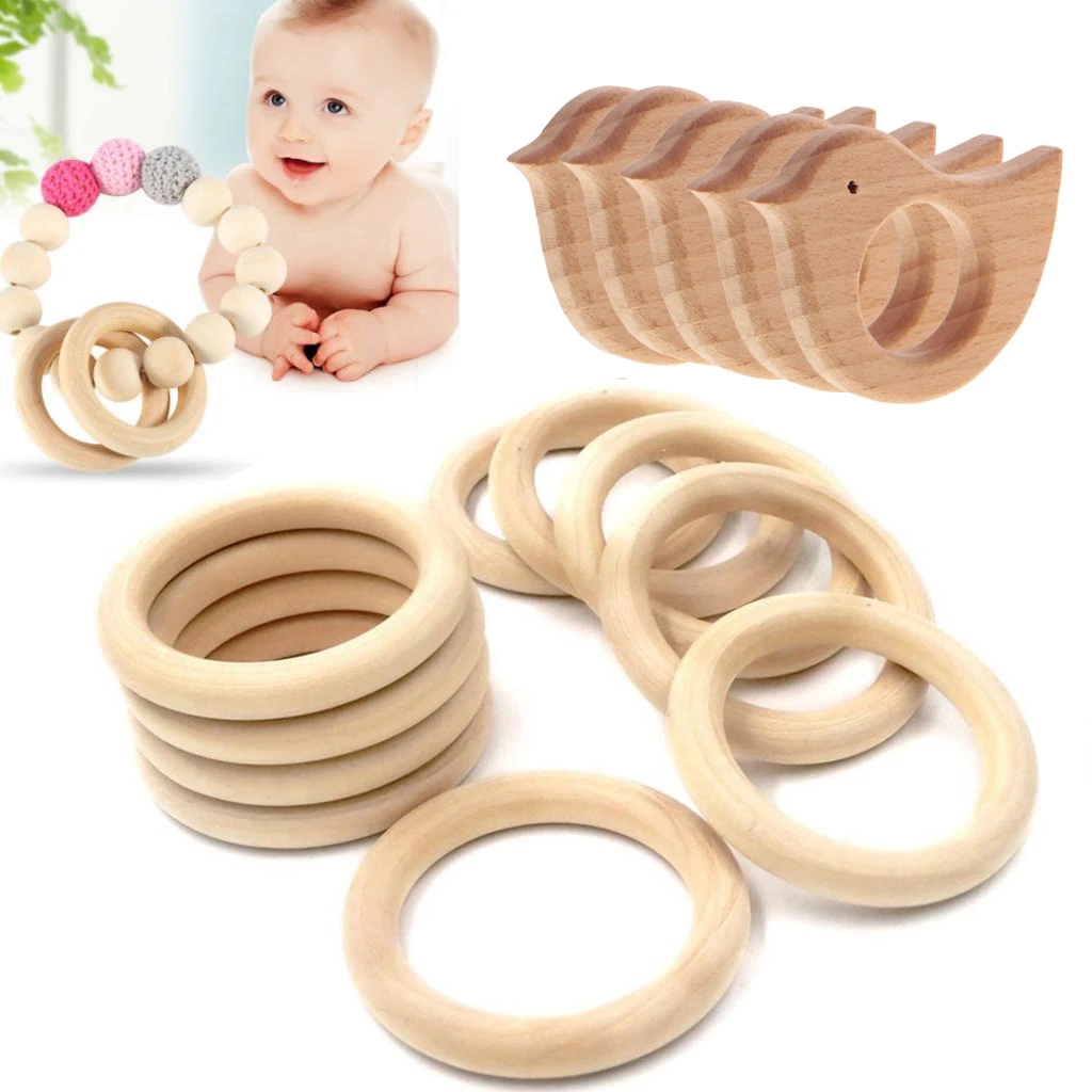 25pcs Handmade Natural Wooden Animal Bird Baby Teether Rings DIY