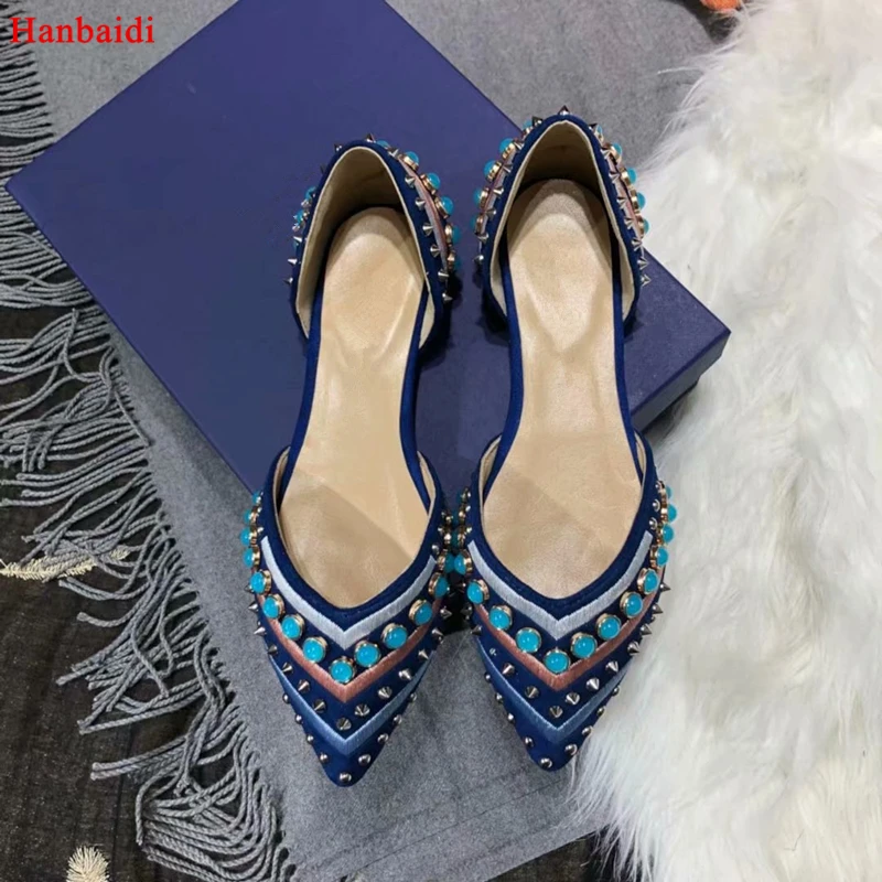 

Hanbaidi New Rivets Studed Mixed Color Handmade Embroidery String Beads Women Casaul Shoes Runway Pointed Toe Slip On Flats Sh