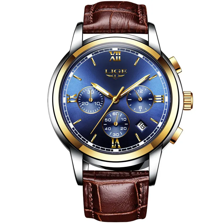 Люксовый бренд LIGE часы мужские модные спортивные военные кварцевые часы мужские полностью стальные бизнес водонепроницаемые часы мужские Relogio Masculino - Цвет: gold blue leather