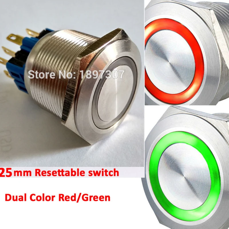 25mm 6V 12V 24V Dual double color RED/ GREEN Momentary 2no2nc RESET metal car push button switch