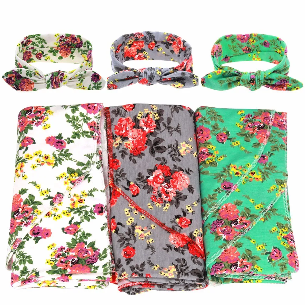 Newborn Receiving Blankets Cotton Warm Blanket Flower Headband Sets Photography Props Baby Swaddle Bedding Suit Baby Accessories (1)
