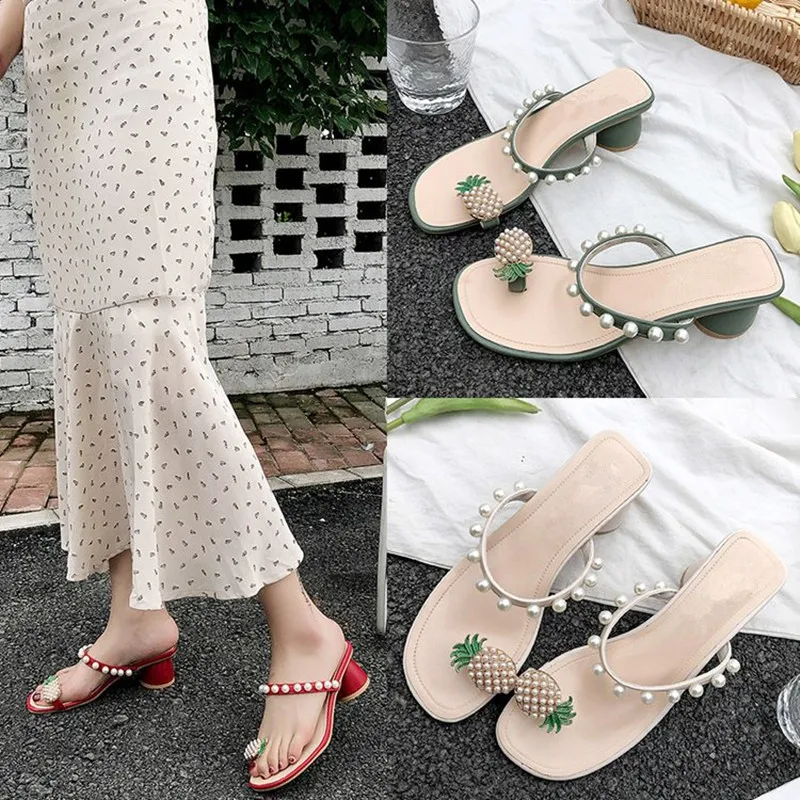 Ананас круглый каблук; Zapatos De Mujer; обувь с жемчугом, украшены заклепками вьетнамки босоножки с открытой пяткой женская обувь сэндвич носком женская летняя обувь