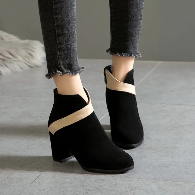 

Big Size 11 12 13 14 15 16 17 18 19 Ma'am Coarse heel Short boots Pure color Blue Patchwork Boot barrel High heel boots