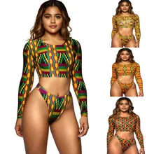 African Swimwear Thong Bikini Set Long Sleeve Swimsuit Women Biquini Sexy High Waist Tankini Beachwear Two-Piece Bathing Suits