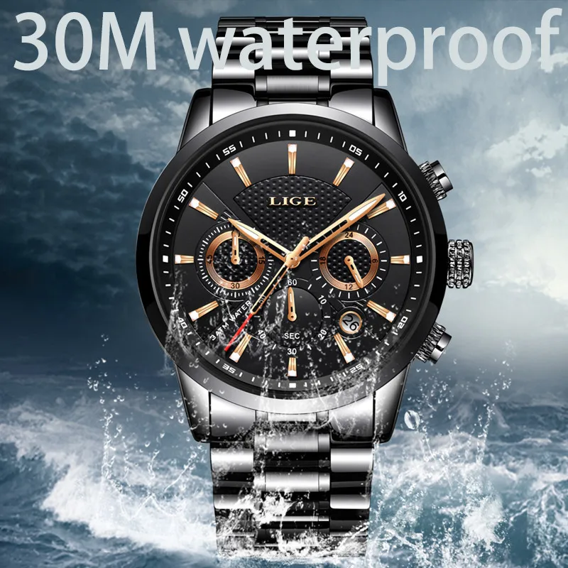 

LIGE Quartz Luminous Black Dial Creative Watch Top Brand Luxury Sport Waterproof Chronograph Stainless Steel Strap reloj hombre