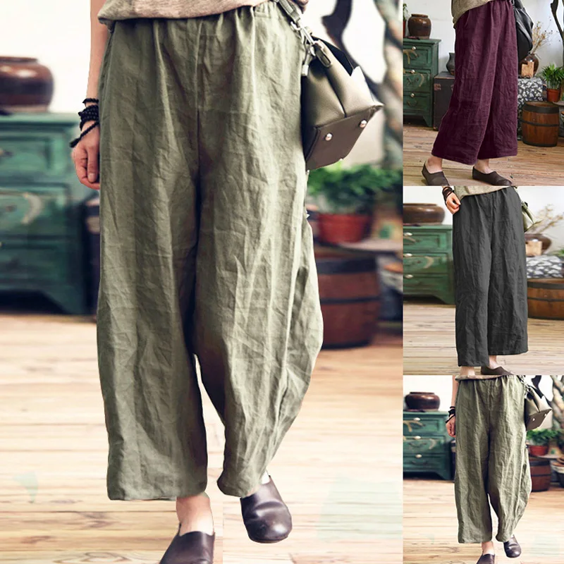 2018 New Women Summer Wide Leg Pants Loose Solid Long Pants Cotton Linen Casual Femme Pants Elastic Mid Waist Straight Trousers