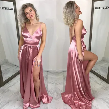 

Sexy V Neck Side Slit Evening Dress 2019 Ladies Open Back A Line Elastic Satin Long Prom Gowns Cheap Robe de soiree Hot Sale