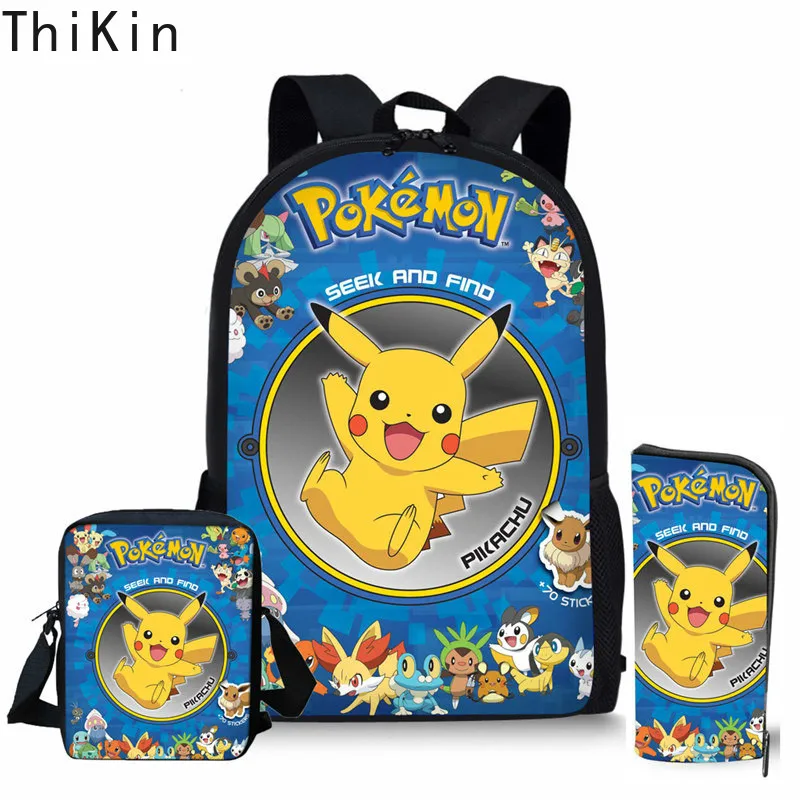 THIKN 3 قطعة طاقم حقائب مدرسية الكرتون أنيمي البوكيمون الاطفال على ظهره للفتيات الفتيان العظام الأطفال حقيبة عملية للسفر بيكاتشو Bookbags