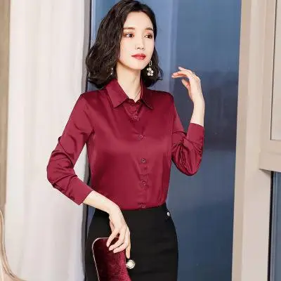 Nagodo офисные женские рубашки Корейская шелковая атласная блузка рубашка рабочая одежда с длинным рукавом с отворотом тонкие женские Топы camisa feminina - Цвет: red