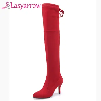 

Lasyarrow Stretch Flock Women Thigh High Boots Stilettos Sexy Over the Knee Boots Pointed High Heel Long Boots Lacing Bota Mujer