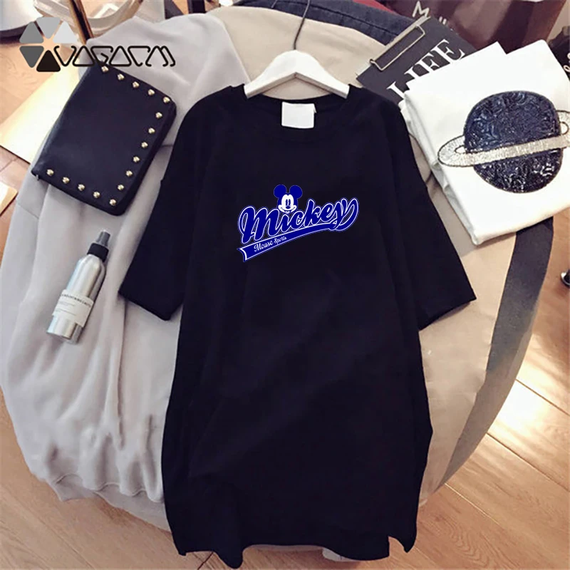 

New Women Mickey Mouse Cartoon Letter Dresses Print Clothes Summer Loose Women Clothes Plus Size Mini Dress Casual Black