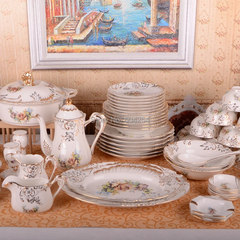 Free shipping European luxury palace reliefs bone china tableware set