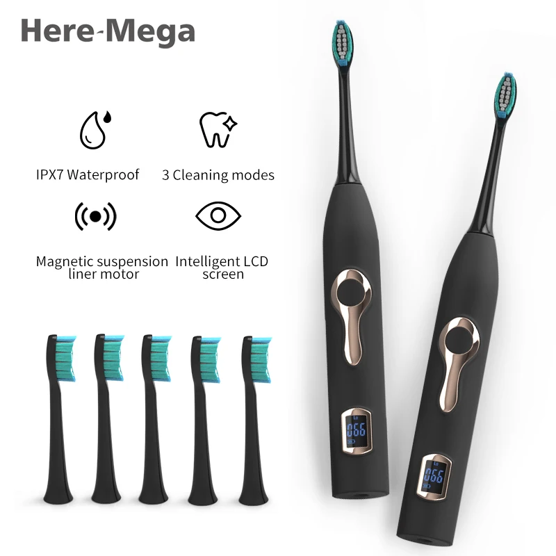 

HERE-MEGA Ultrasonic Sonic Electric Toothbrush 3 Models Induction Rechargeable Battery IPX7 Waterproof LED Display 608
