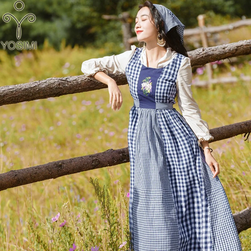 

YOSIMI 2019 Spring Summer Maxi Cotton Long Women Dress Vintage O-neck Prairie Chic Piaid Dress Full Sleeve Ankle-length Dress