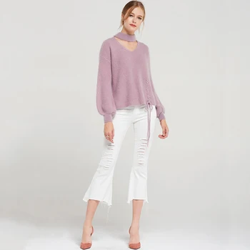 

Fashion simple hanging neck hollow collar sweater pure white / purple sweet cross knit lantern sleeve side tie commuter pullover