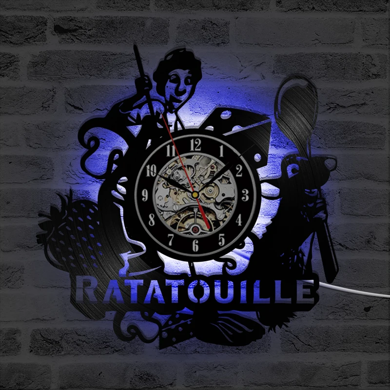 Ratatouille Cartoon Vinyl Record Wall Clock Kids Room Decoration Vintage Vinyl LED Clocks with 7 Backlight Wall Watch Home Decor