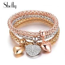 

Shefly 3Pcs Heart Crystal Bracelet Popcorn Chain Europe Charms Gold For Femme Jewelry 2018 New Fashion Charm Jewelry