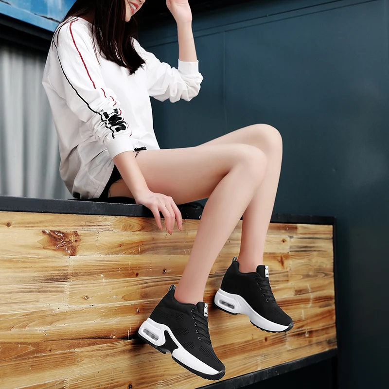 WADNASO Flying Knitting Fashion Sneakers Women Hide Heels Casual Shoes Breathable Platform Sneakers Wedge White Shoes XZ120 (40)