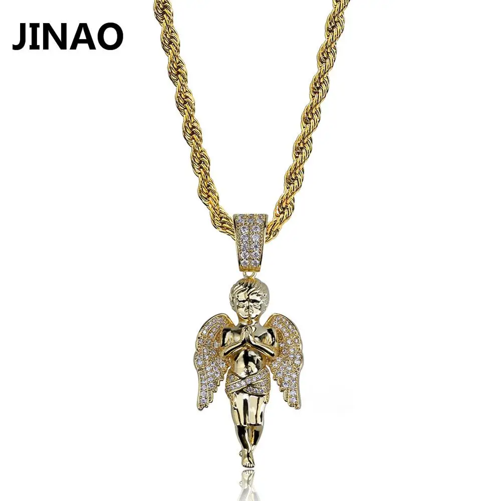 JINAO хип хоп микро проложили циркон Ангел Иисус крыло медь золото серебро цвет покрытием Iced Out Полный Cz подвеска ожерелье подарок - Окраска металла: Gold