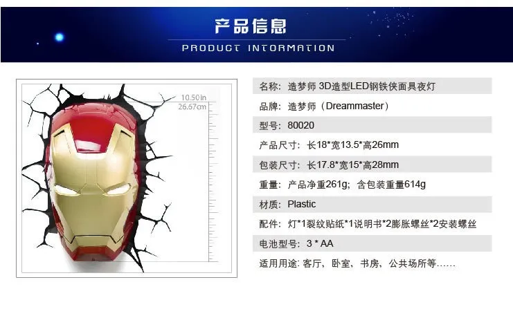 3D креативный подарок маска Железного Человека СВЕТОДИОДНЫЙ деко свет настенный светильник новая коробка