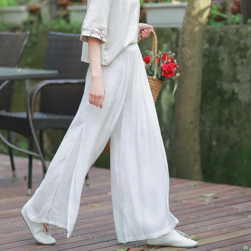 

Summer Cotton Linen Retro Casual Pants Matching Thin Double Layer Wide Leg Pants Chinese Style Vintage Elegant Light Trousers