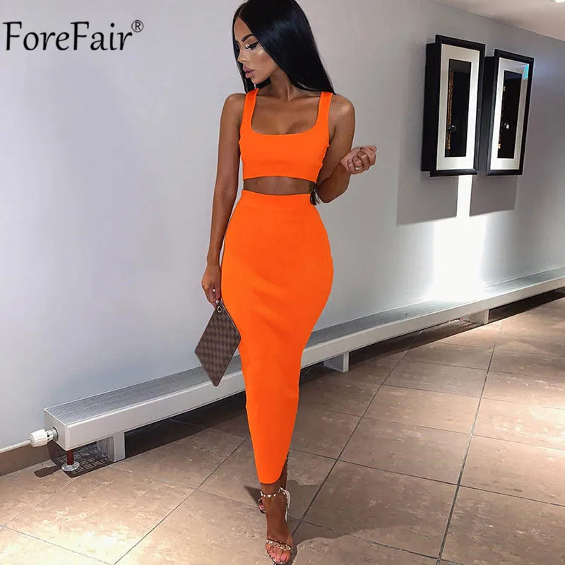 ForeFair, комплект из двух предметов, женское летнее вечернее платье на бретелях, неоновое, без рукавов, миди, сексуальное Клубное облегающее платье - Цвет: Оранжевый