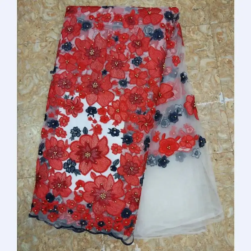 

African French Tulle Lace Fabric For lady Wedding Hot sale embroidery red flower tulle net lace wedding dress fabric