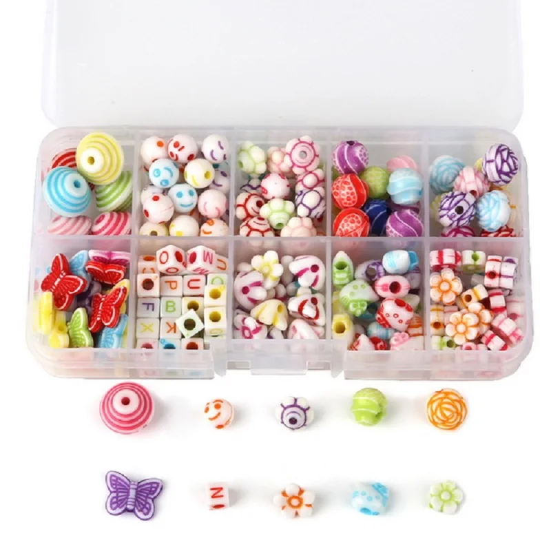 

195pcs mixed candy colors Beads Acrylic plastic Loose Beads with storage box kids toy For Handcarft Bracelet Making For DIY Jewelry Handmade findings