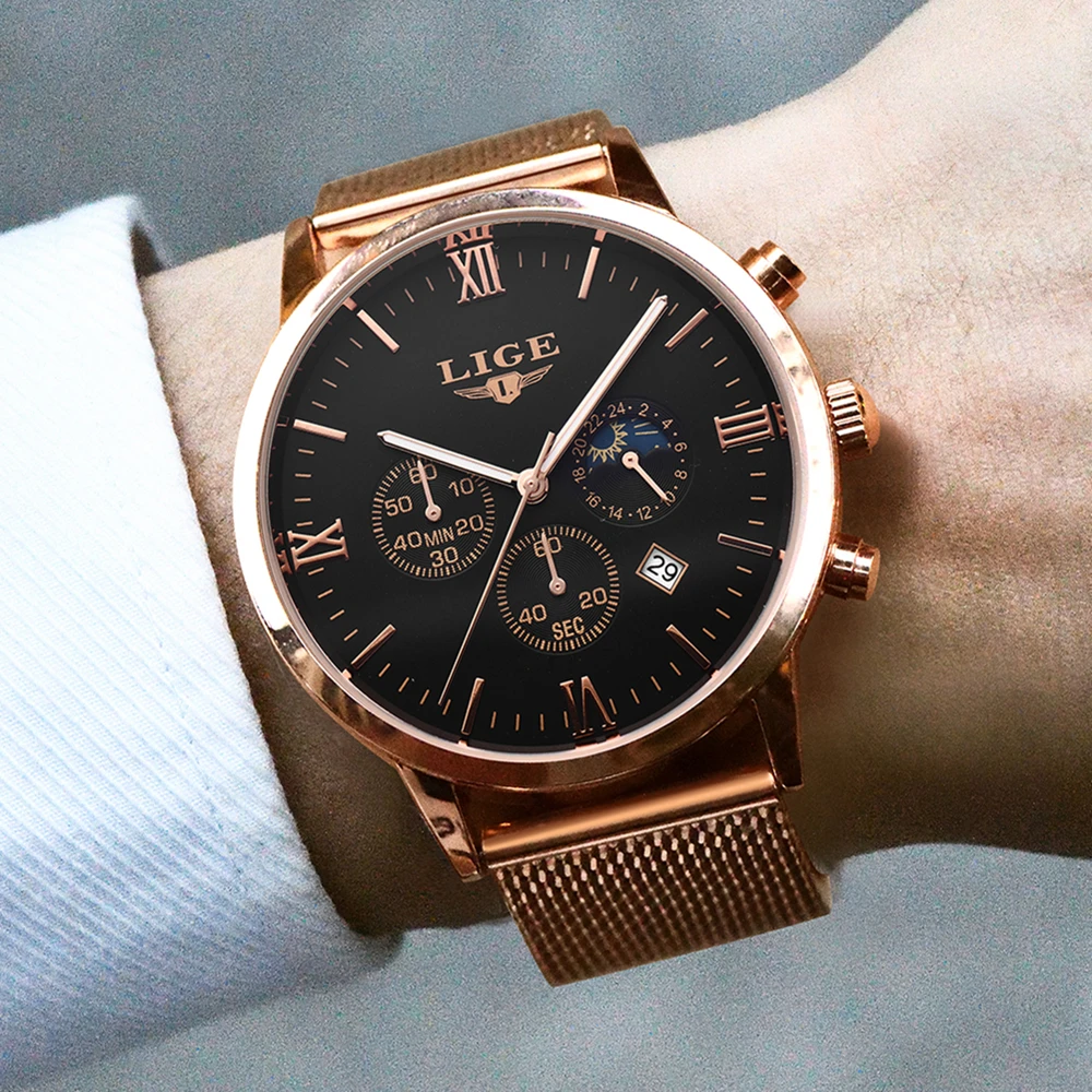 LIGE Top Luxury Brand Ultra-thin Business Quartz Watch Men's Casual Mesh Steel Gold Waterproof Sport Watch Man Relogio Masculino