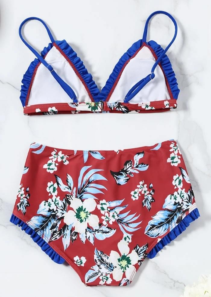 High Waisted Swimsuit Girl Triangle Top Floral Red Bikini Sets Women Boy Shorts Swimwear Push Up Female Swimming Suit Bathsuit (3)