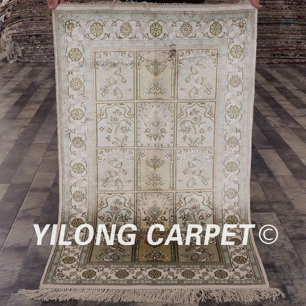 

YILONG 2.5'x4' beige color four seasons design persian carpet handmade exquisite silk rug home decoration (YHW370B2.5x4)