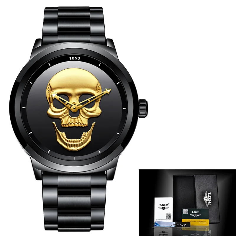 2022 Cool Punk 3D Skull Men Watch Brand LIGE Luxury Steel Quartz Men Watches Waterproof Retro Fashion Gold Black Clock Relogio 