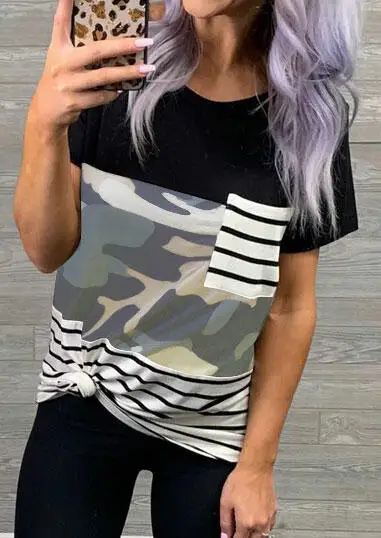 

Women Short Sleeve Basic T-Shirt Striped Splicing Pocket Tee Shirt top Camouflage Female harajuku Vintage Baseball Tshirt