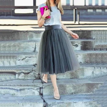 

Gray Tulle Skirt For Women Tea-Length A-Line Wide Satin Waist Band Elelgant Party Skirt Custom Made New Style