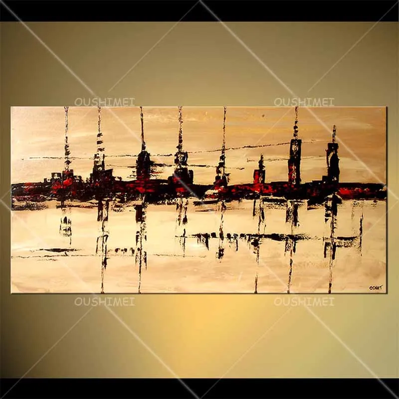 

Dusk Tall Urban Silhouette Reflected in the Lake Painting Yellow Gold Sky Water Beautiful Landscape Hand Painted Oil Painting