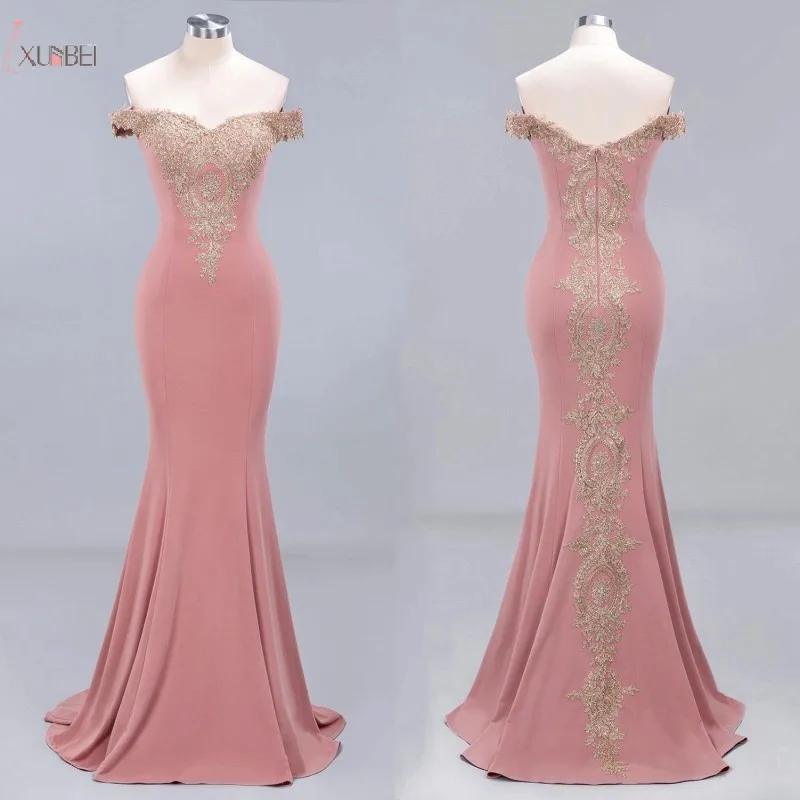 

Long Prom Dresses Pink Mermaid 2019 Lace Applique Off The Shoulder Sleeveless Prom Gown vestidos de gala