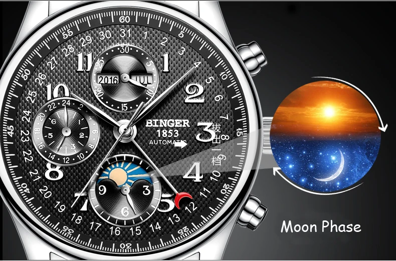 Новинка BINGER мужские часы люксовый бренд Moon Phase часы мужские сапфировые автоматические механические наручные часы водонепроницаемые часы B-603-8 1