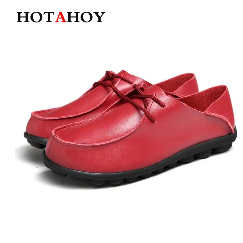 HOTAHOY Genuine Leather Women Vintage Peas Shoes Flats Loafers Slip on Women s Flat Shoes Moccasins