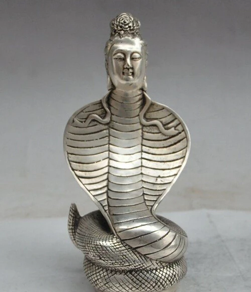 

decoration Tibet copper silver 7"china chinese folk silver snake god flower Kwan-Yin Bodhisattva goddess statue