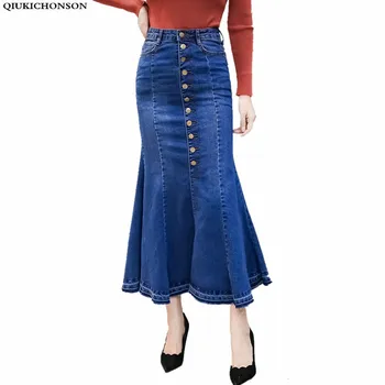 high waist denim skirt bodycon women 2018 korean fashion vintage pencil skirt single breasted long summer skirt mermaid skirt