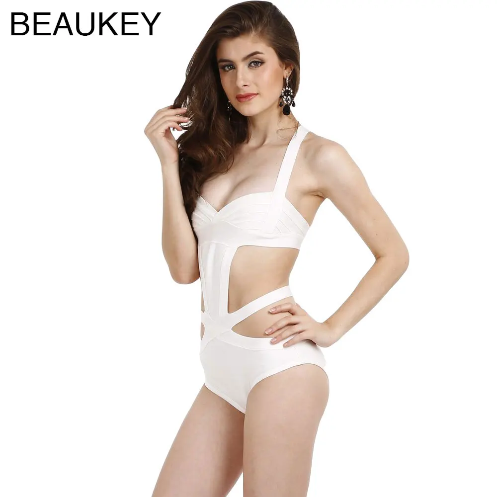 

White One Piece Halter High Waisted Spaghetti Strap Sexy Women Rayon 2015 Bandage Swimwear