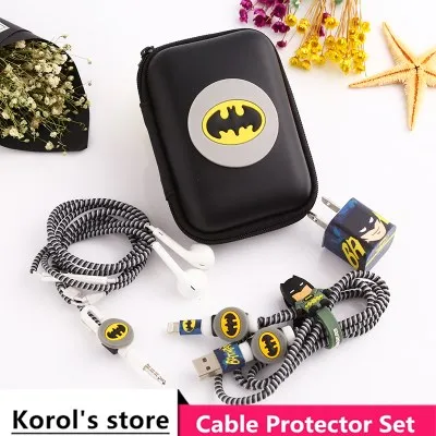

Cute Cartoon USB Cable Earphone Protector Set With Earphone Box Cable Winder Stickers Spiral Cord Protector For iphone 5 6 7 8