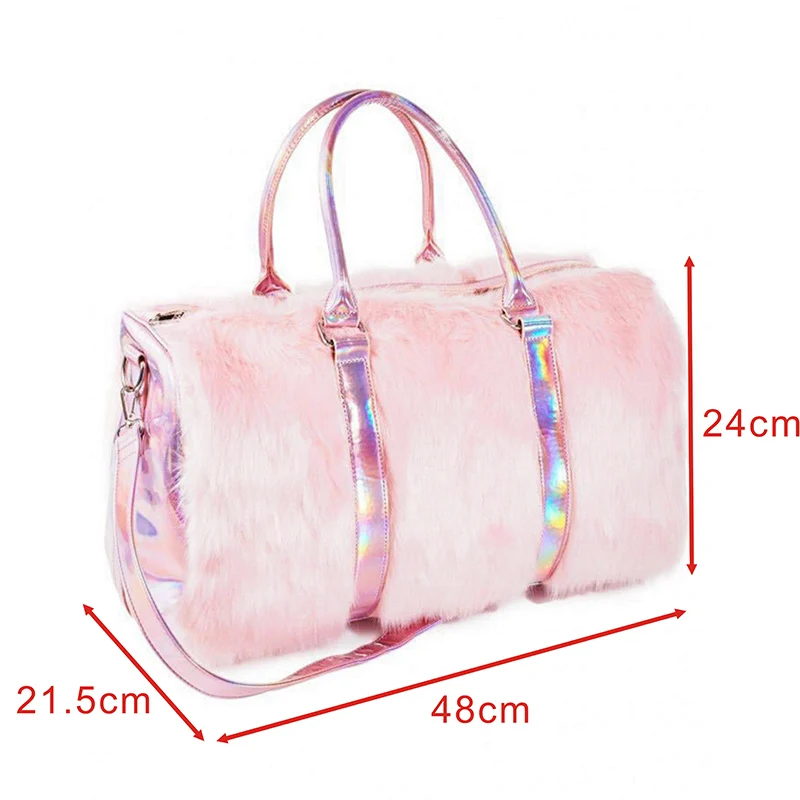

Soft Rainbow Travel Bag Laser Faux Fur Luggage Bag Personality Handbag Travel Bag Tide Female Colorful Hair Bag