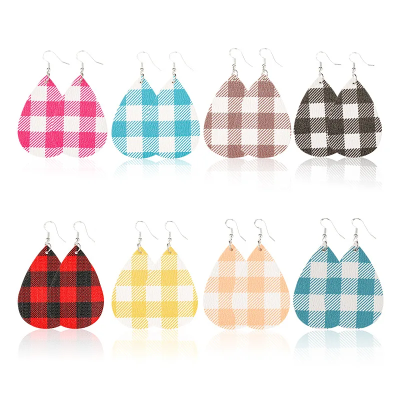

Fashion Two-sided Check Pattern Leather Dangle Earring Retro Ethnic Water Drop Pendant Pendientes Women Jewelry Bijoux Oorbellen